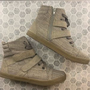 Tan booties with zipper and straps